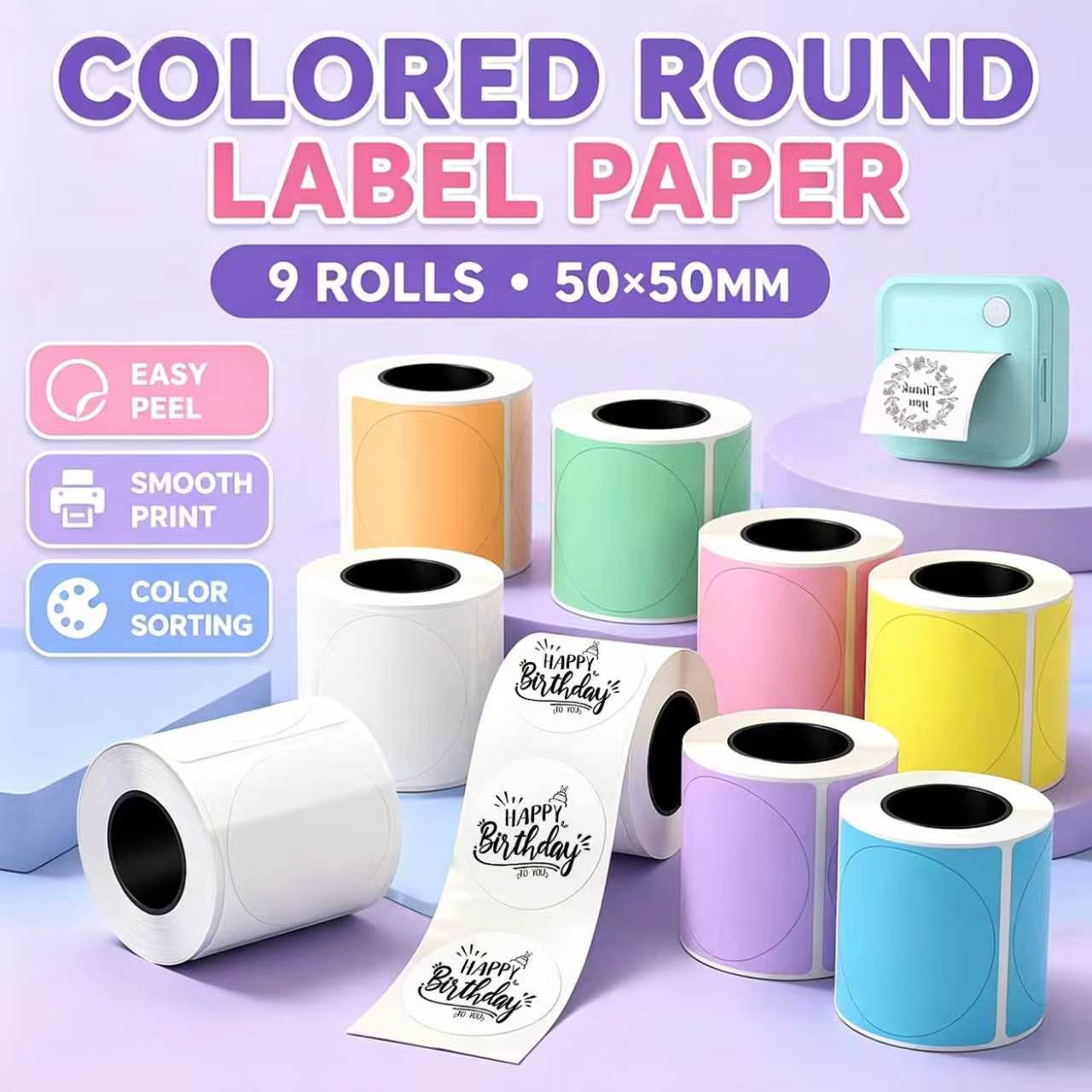 Sticker Label Roll - 9 Rolls Colored Round Thermal Label