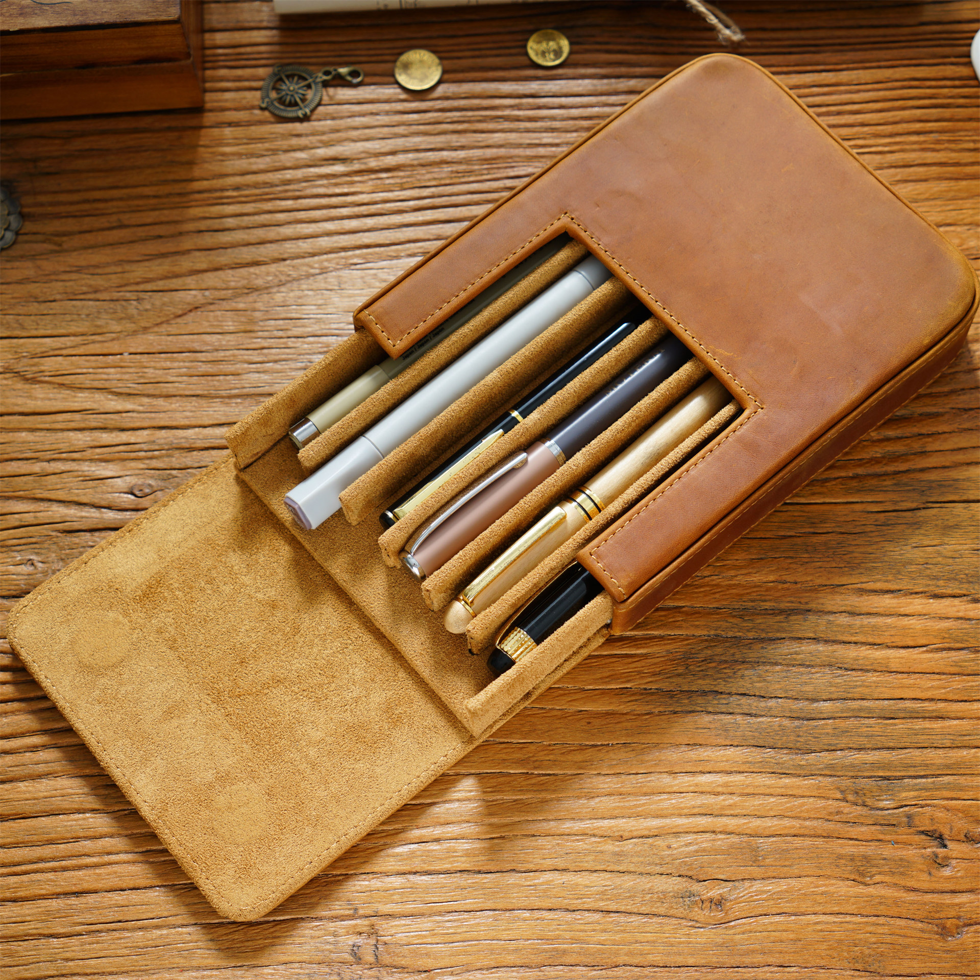 Handmade Crazy Horse Leather P - Pen Pouch Roll 评论和价格