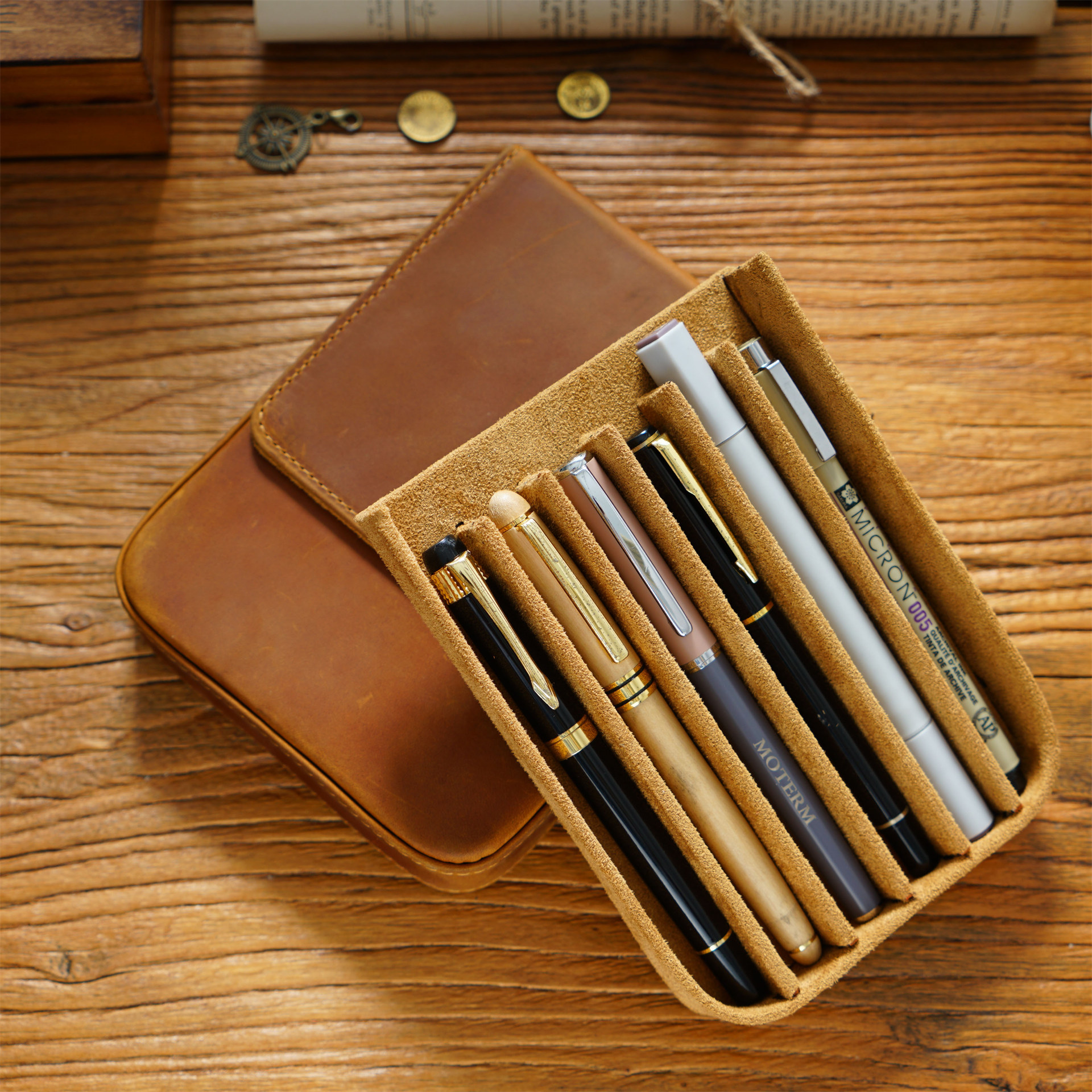 Handmade Crazy Horse Leather P - Pen Pouch Roll 评论和价格