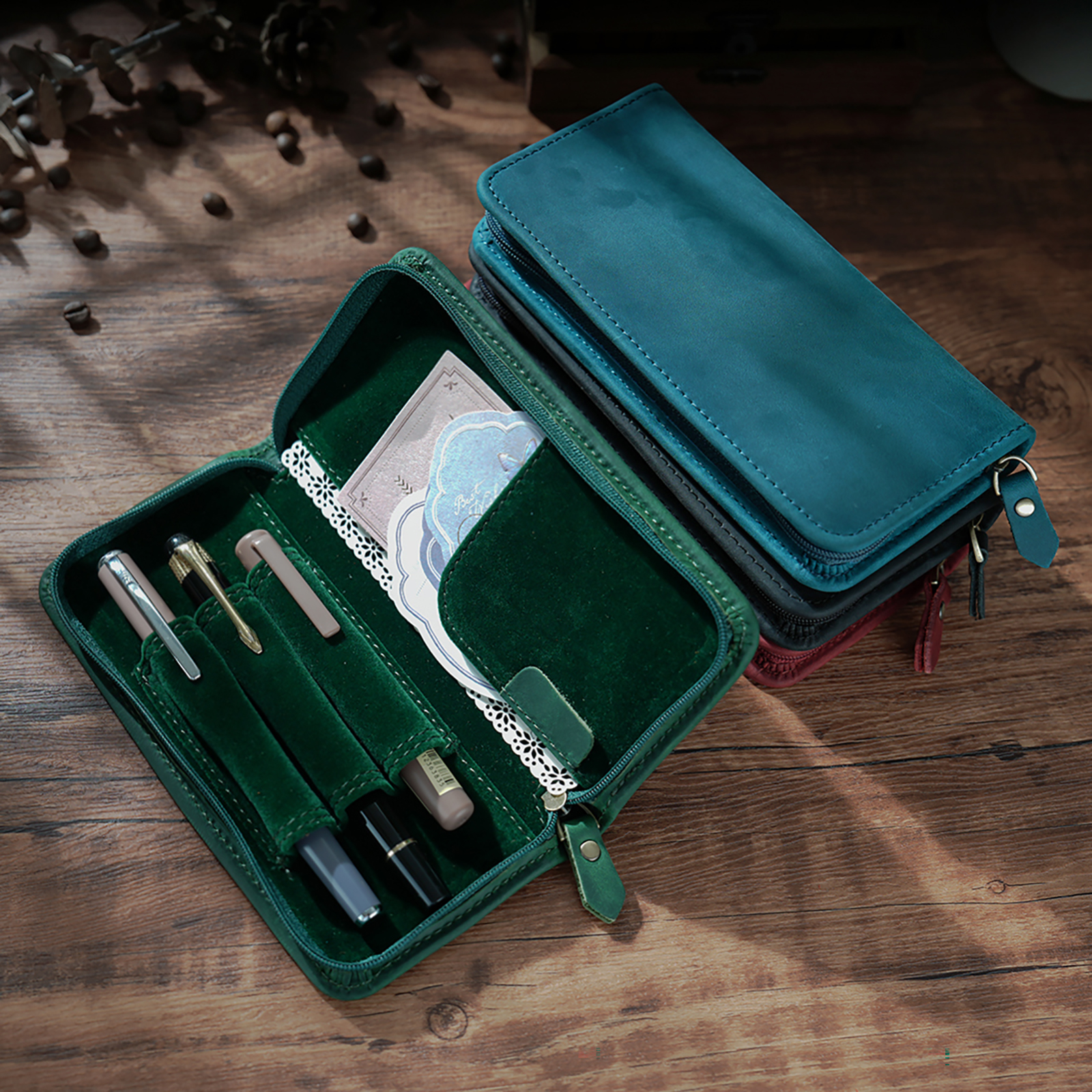 Genuine Leather Zipper Pencil  - Pen Pouch Roll 评论和价格