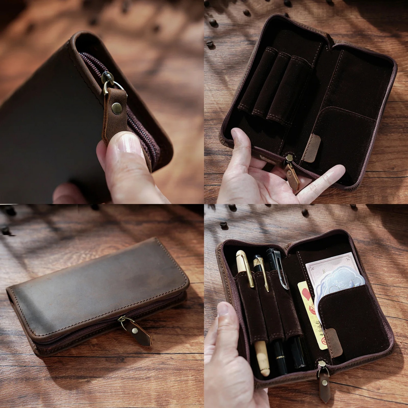 Genuine Leather Zipper Pencil  - Pen Pouch Roll 评论和价格